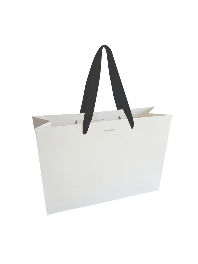 Inloggegevens plaag galblaas Luxe papieren tas - Handvat Zwart Lint - Wit M